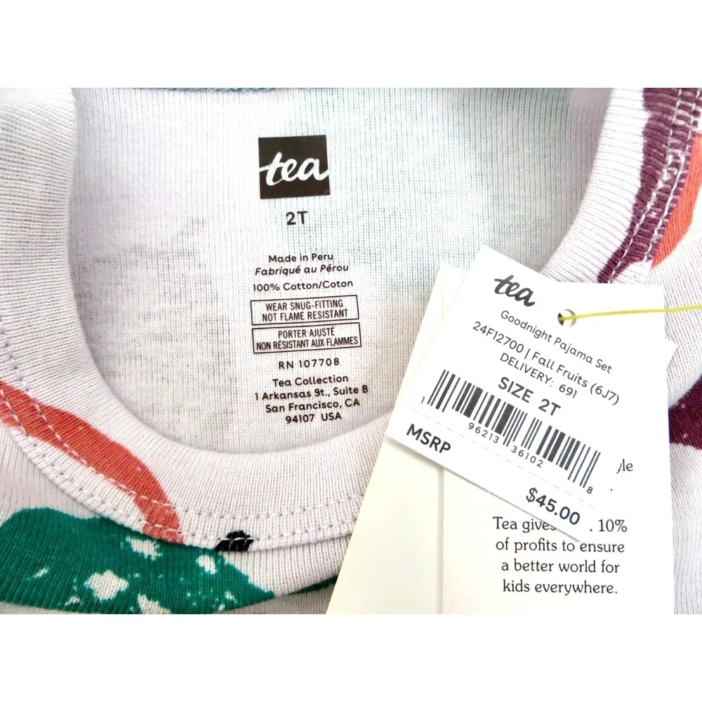 NEW! Tea Collection Good Night Pajama Set Fall Fruits Apples Pink SZ 2T